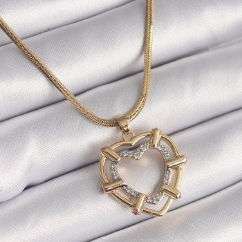 316L Çelik Gold Renk İtalyan Zincir Mix Renk Zirkon Taşlı Kalp Model Kadın Kolye