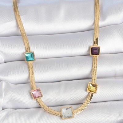 316L Çelik Gold Renk İtalyan Zincir Model Kare Renkli Zirkon Taşlı Kadın Kolye