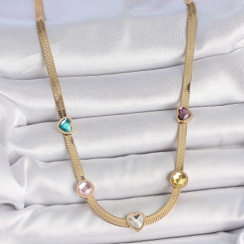 316L Çelik Gold Renk İtalyan Zincir Renkli Zirkon Taşlı Kalp Figür Kadın Kolye