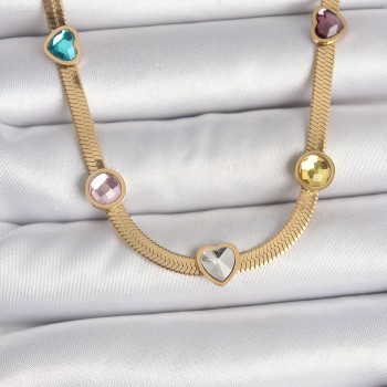 316L Çelik Gold Renk İtalyan Zincir Renkli Zirkon Taşlı Kalp Figür Kadın Kolye