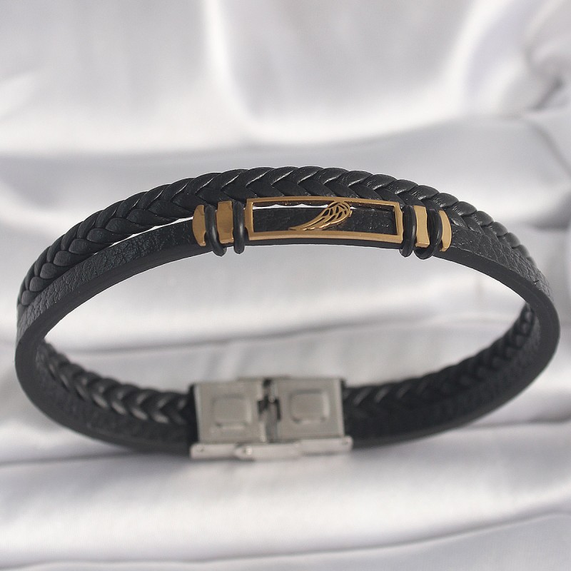 316L Çelik Gold Renk Kanat Aksesuarlı Siyah Burgu Model Deri Kordon Erkek Bileklik