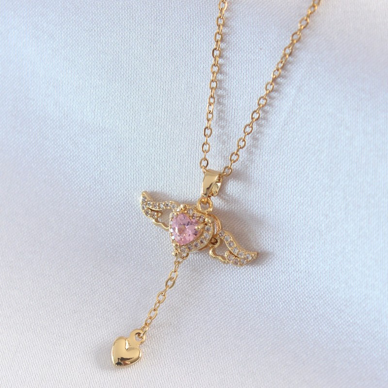 316L Çelik Gold Renk Kanatlı Kalp Model Zirkon Taş Detay Kadın Kolye