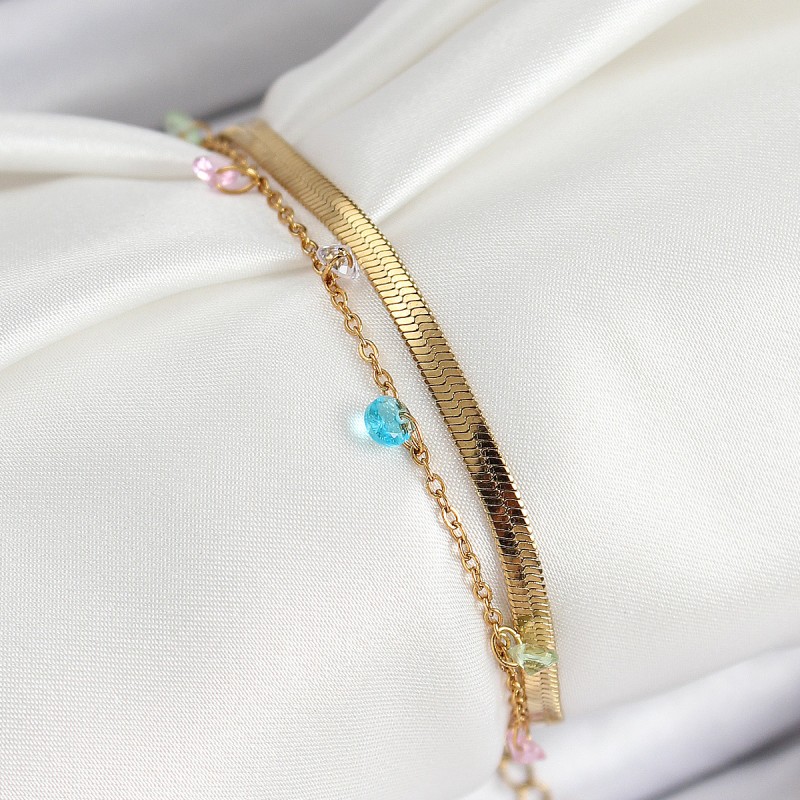 316L Çelik Gold Renk Karışık Renkli Kristal Taşlı 2'li Kadın Bileklik