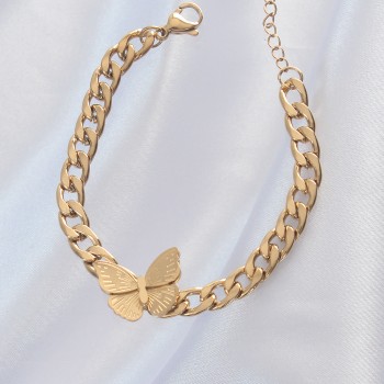 316L Çelik Gold Renk Kelebek Figür İşleme Detay Zincir Model Kadın Bileklik