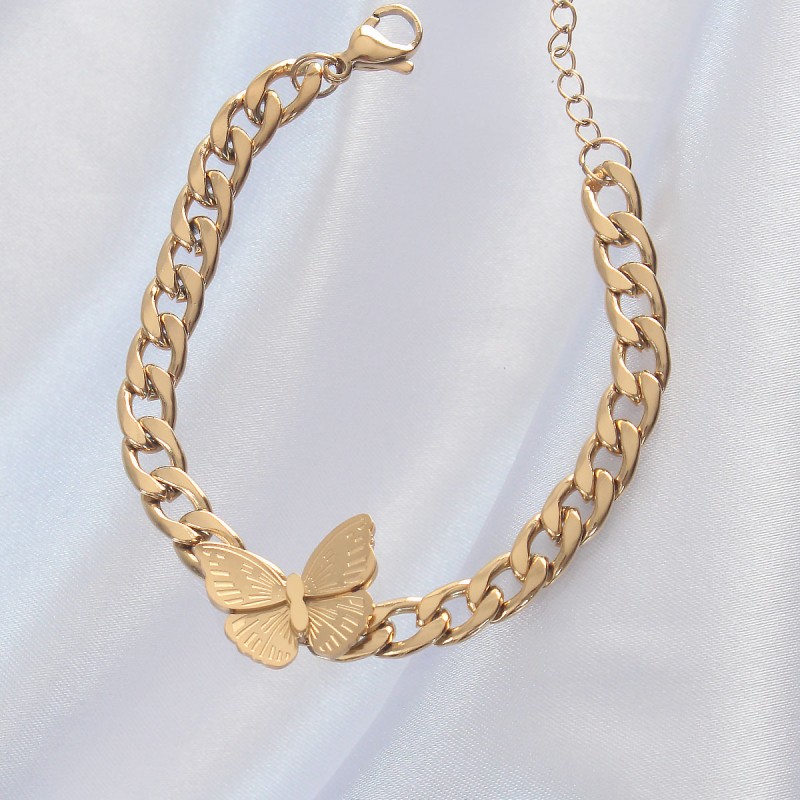316L Çelik Gold Renk Kelebek Figür İşleme Detay Zincir Model Kadın Bileklik