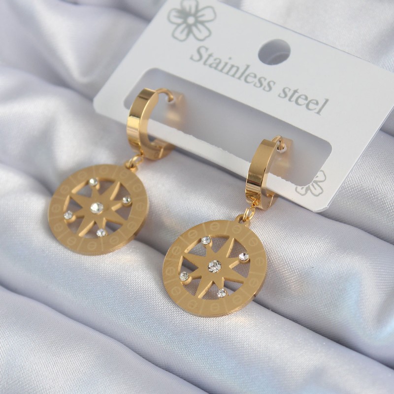 316L Çelik Gold Renk Kutup Yıldızı Model İşleme Detay Zirkon Taşlı Kadın Küpe