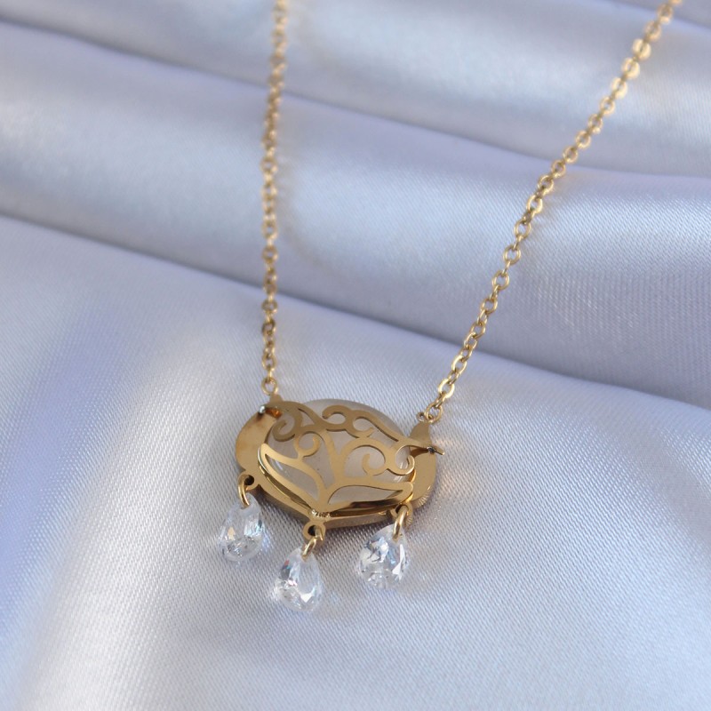 316L Çelik Gold Renk Lotus Model Zirkon Taşlı Kadın Kolye