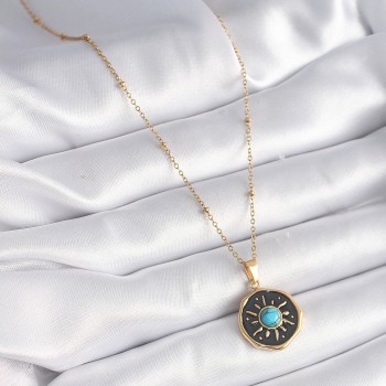 316L Çelik Gold Renk Mavi Boncuk Güneş İşleme Madalyon Model Kadın Kolye