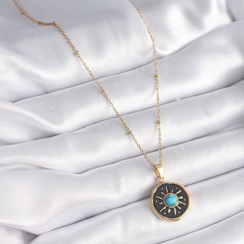 316L Çelik Gold Renk Mavi Boncuk Güneş İşleme Madalyon Model Kadın Kolye