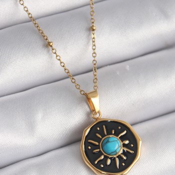316L Çelik Gold Renk Mavi Boncuk Güneş İşleme Madalyon Model Kadın Kolye