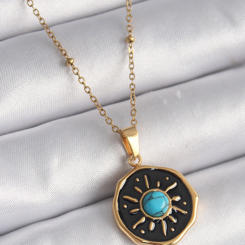 316L Çelik Gold Renk Mavi Boncuk Güneş İşleme Madalyon Model Kadın Kolye