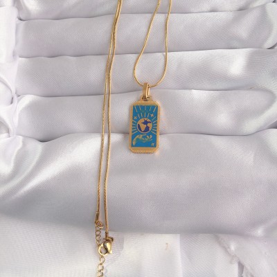 316L Çelik Gold Renk Mavi Mineli El Figür Tarot Kolye