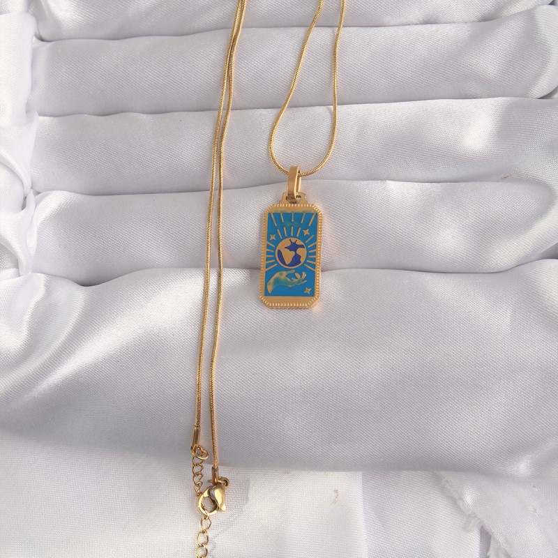 316L Çelik Gold Renk Mavi Mineli El Figür Tarot Kolye