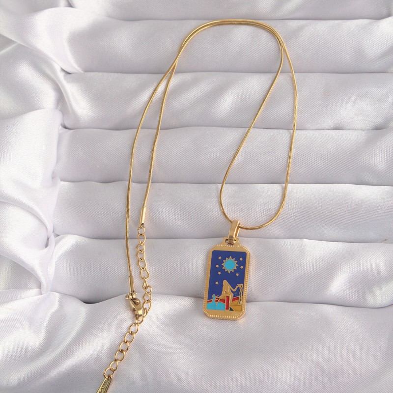 316L Çelik Gold Renk Mavi Mineli Kız Figür Tarot Kolye