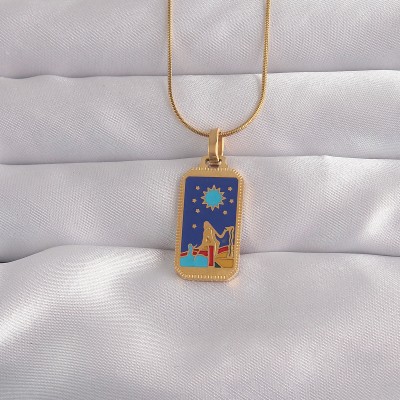 316L Çelik Gold Renk Mavi Mineli Kız Figür Tarot Kolye