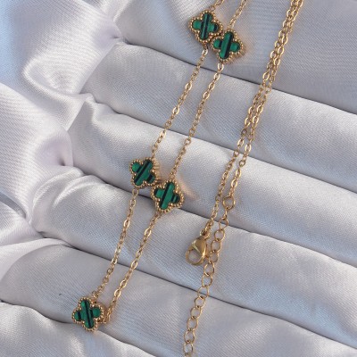 316L Çelik Gold Renk Minimal Yeşil Mineli Yonca Kolye