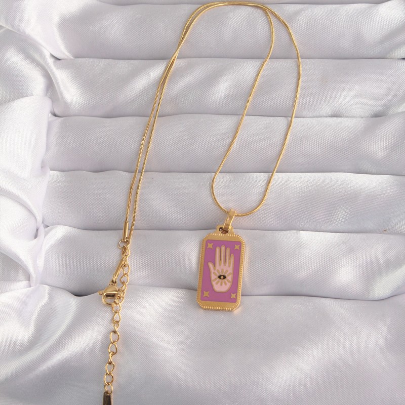 316L Çelik Gold Renk Mor Mineli El Figür Tarot Kolye