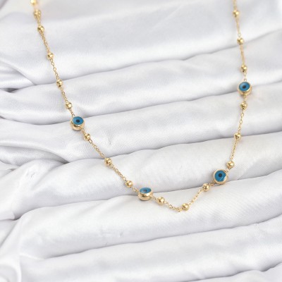 316L Çelik Gold Renk Nazarlı ve Topçuklu Model Kadın Kolye