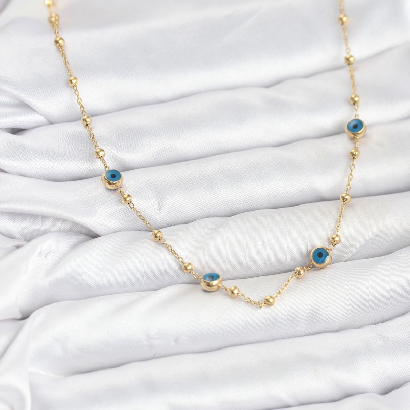 316L Çelik Gold Renk Nazarlı ve Topçuklu Model Kadın Kolye