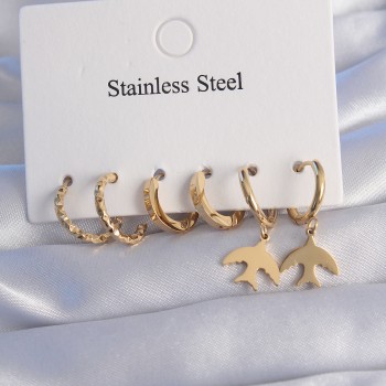 316L Çelik Gold Renk Oval Tasarım Kuş Model Küpe Seti