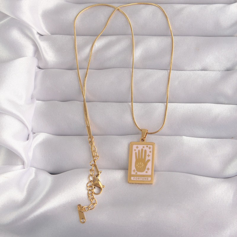 316L Çelik Gold Renk Pembe Mineli El Figür Tarot Kolye
