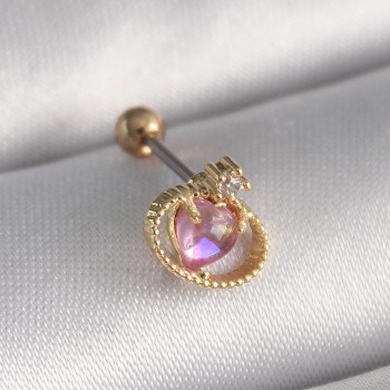 316L Çelik Gold Renk Pembe Mineli Kalp Zirkon Taş Detay Tragus Piercing
