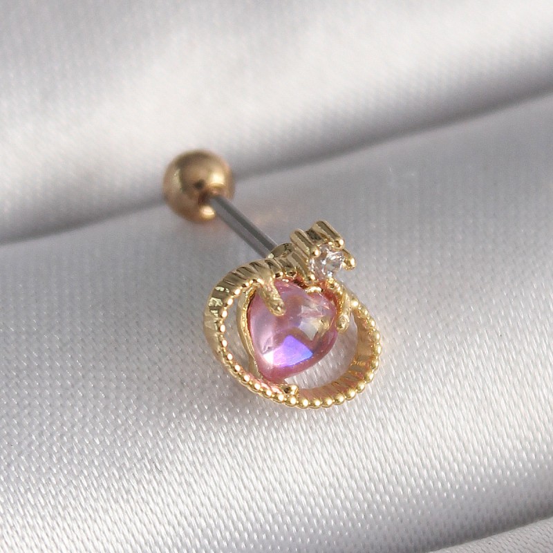 316L Çelik Gold Renk Pembe Mineli Kalp Zirkon Taş Detay Tragus Piercing