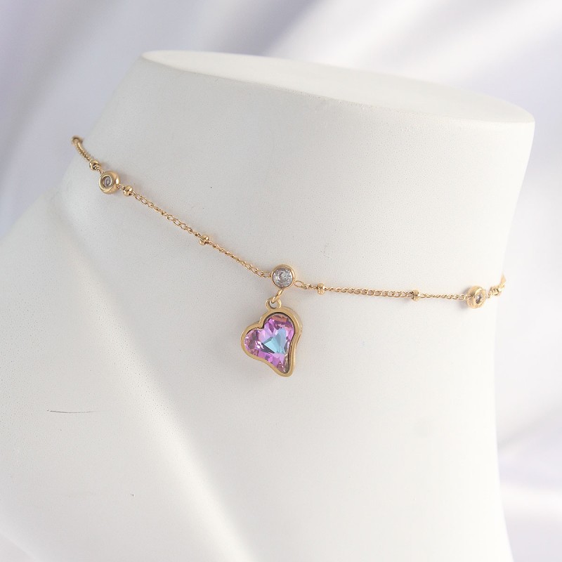 316L Çelik Gold Renk Renkli Zirkon Taşlı Kalp Halhal