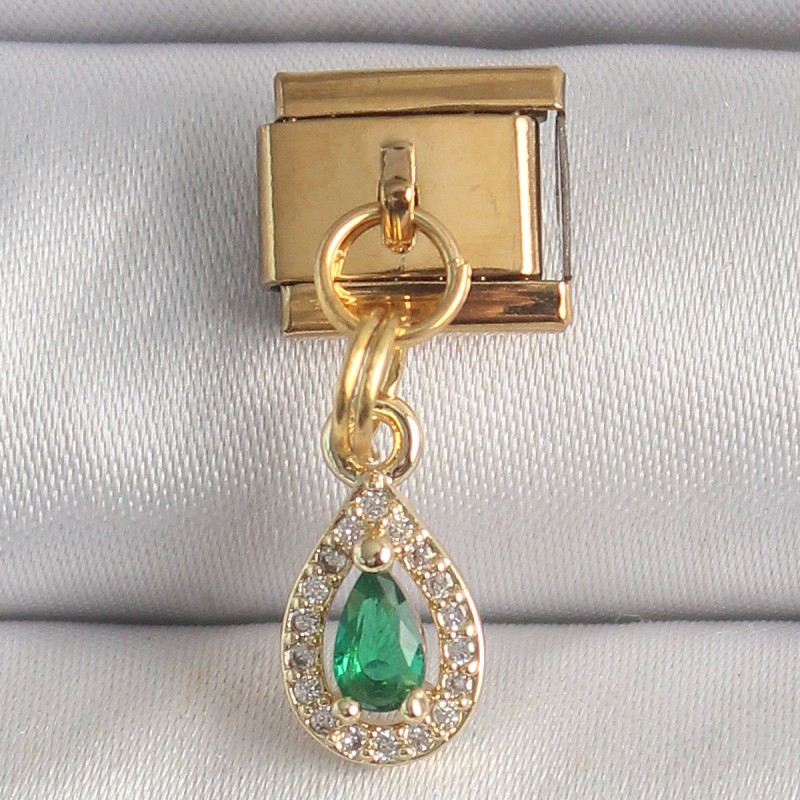 316L Çelik Gold Renk Sallantı Damla Yeşil Zirkon Taşlı Nomination Charm