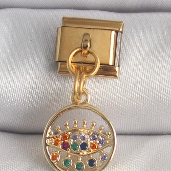 316L Çelik Gold Renk Sallantı Renkli Zirkon Taşlı Göz Model Nomination Charm