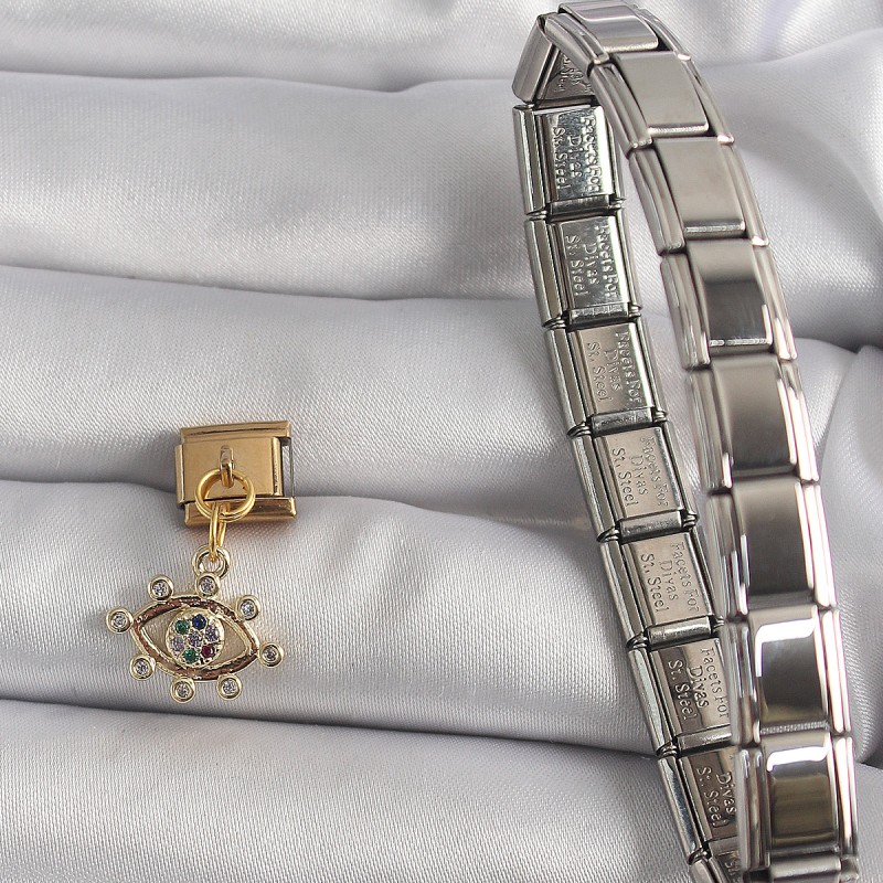 316L Çelik Gold Renk Sallantı Zirkon Taşlı Göz Model Nomination Charm