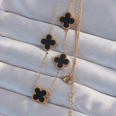 316L Çelik Gold Renk Siyah Mineli Yonca Kolye