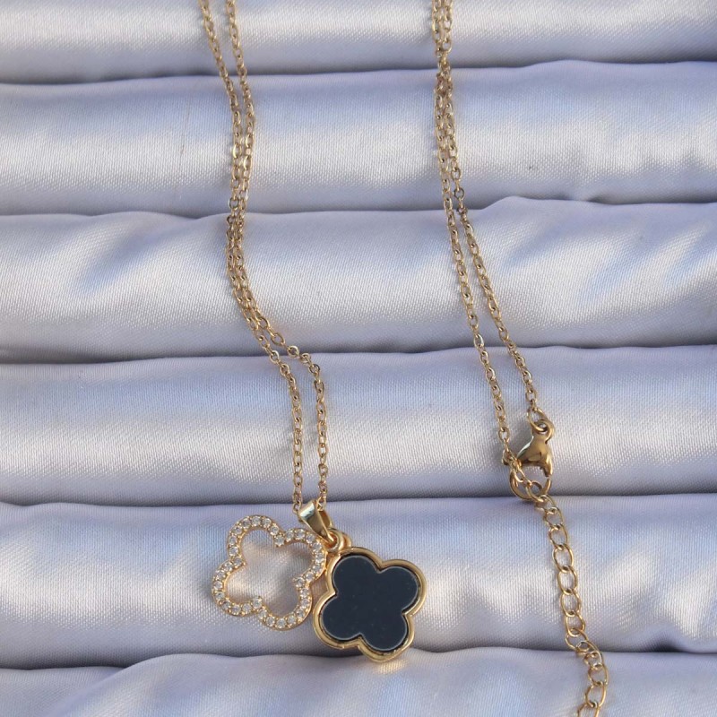 316L Çelik Gold Renk Siyah Mineli Zirkon Taşlı Yonca Figürlü Kolye