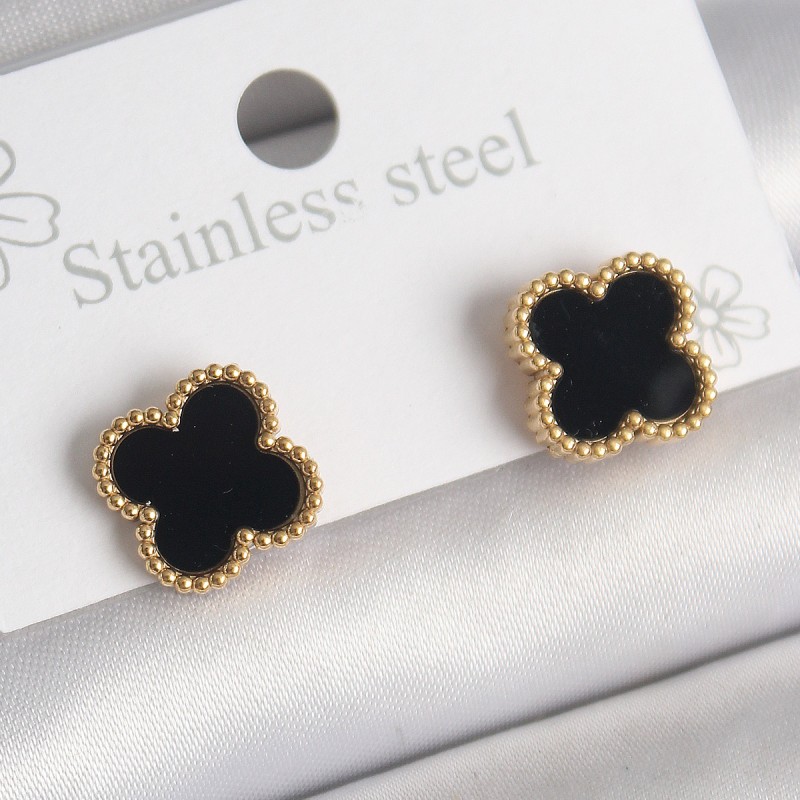 316L Çelik Gold Renk Siyah Yonca Model Kadın Küpe