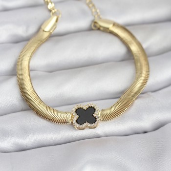 316L Çelik Gold Renk Siyah Yonca Model Zirkon Taşlı Yılan Zincirli Kadın Bileklik