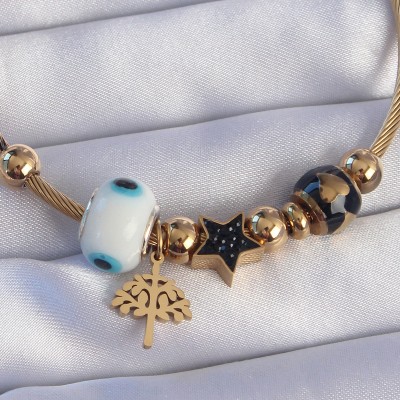 316L Çelik Gold Renk Siyah Zirkon Taşlı Yıldız Tasarımlı Ağaç Detay Nazarlı Charm Bileklik