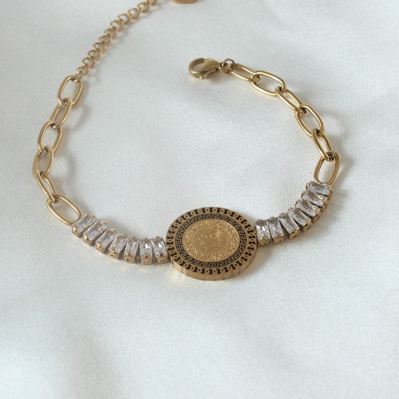 316L Çelik Gold Renk Tam Altın Modelli Zirkon Taşlı Kadın Bileklik