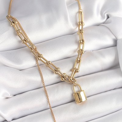 316L Çelik Gold Renk Tifany Zincir Model Kilit Figür Sallantı İnci Detay Kadın Kolye