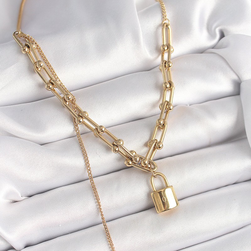 316L Çelik Gold Renk Tifany Zincir Model Kilit Figür Sallantı İnci Detay Kadın Kolye