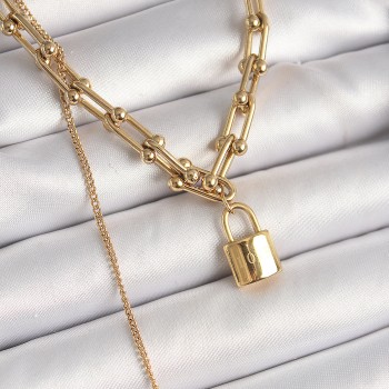 316L Çelik Gold Renk Tifany Zincir Model Kilit Figür Sallantı İnci Detay Kadın Kolye