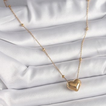 316L Çelik Gold Renk Topçuk Detaylı Zincir Kalp Model Kadın Kolye