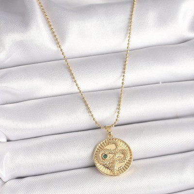 316L Çelik Gold Renk Topçuk Zincir Yılan İşlemeli Zirkon Taş Detaylı Madalyon Model Kadın Kolye