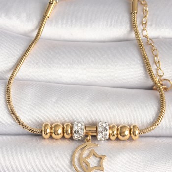 316L Çelik Gold Renk Tüp Zincir Zirkon Taş Detaylı Sallantı Ay Yıldız Figür Kadın Bileklik