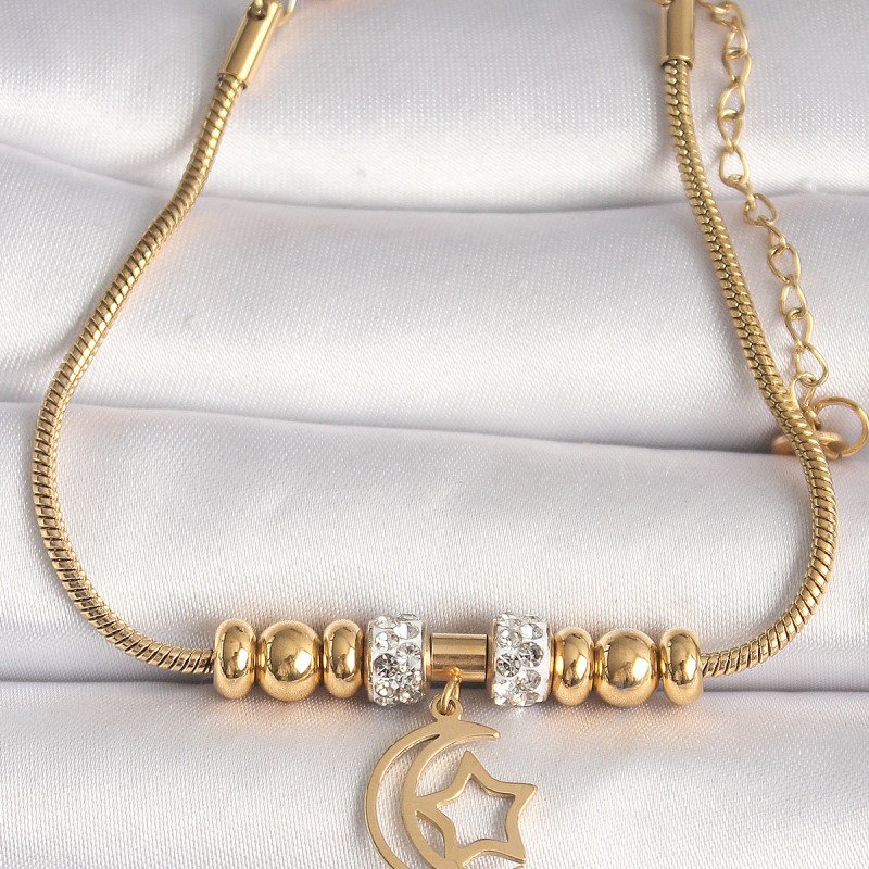 316L Çelik Gold Renk Tüp Zincir Zirkon Taş Detaylı Sallantı Ay Yıldız Figür Kadın Bileklik