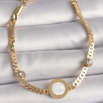 316L Çelik Gold Renk Yassı Zincir Model Zirkon Taş Detaylı Beyaz Mineli Madalyon Model Kadın Bileklik