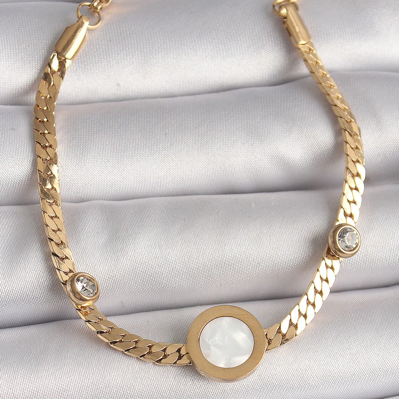 316L Çelik Gold Renk Yassı Zincir Model Zirkon Taş Detaylı Beyaz Mineli Madalyon Model Kadın Bileklik