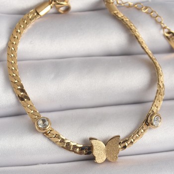 316L Çelik Gold Renk Yassı Zincir Zirkon Taşlı Simli Kelebek Figür Kadın Bileklik