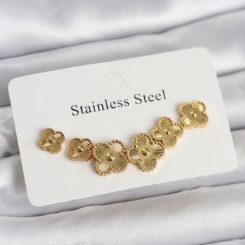 316L Çelik Gold Renk Yonca Küpe Seti