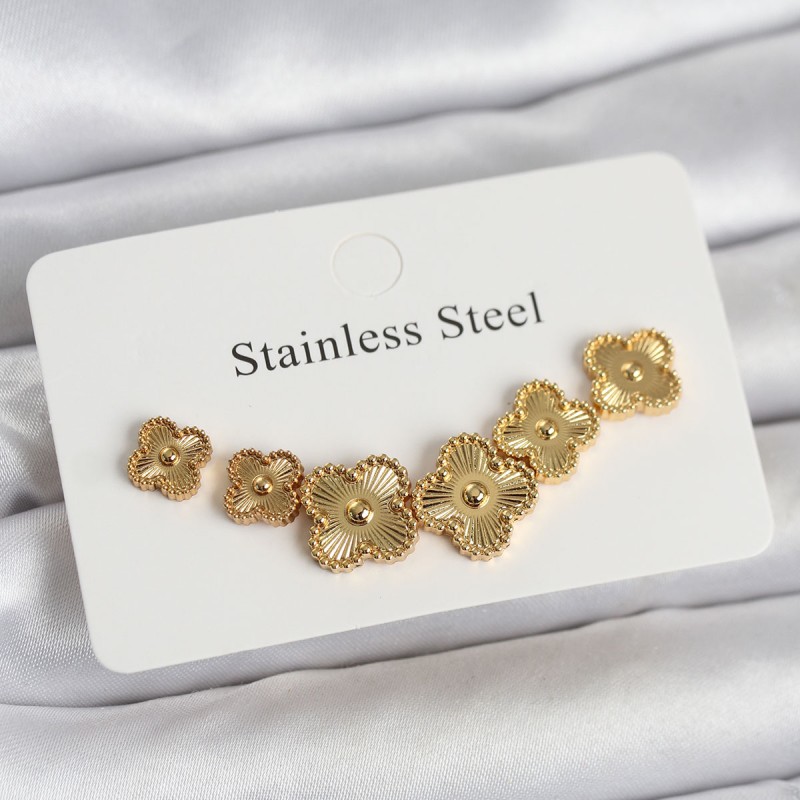 316L Çelik Gold Renk Yonca Küpe Seti