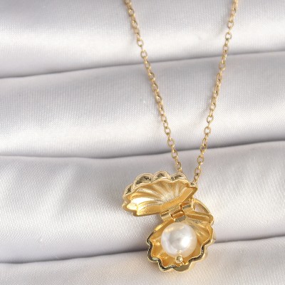 316L Çelik Gold Renk Zincir Açılır İncili Midye Model Kadın Kolye